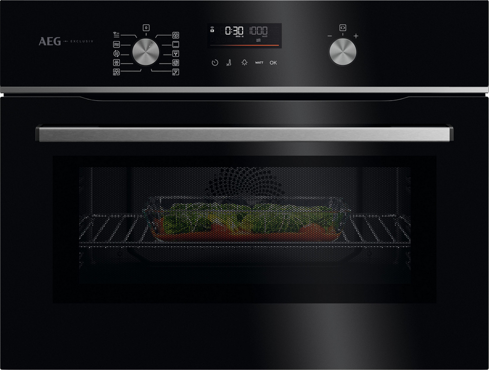 AEG GK6NK40FB 59.5cm Compact Combi Microwave Oven - Gloss Black with Steel Trim