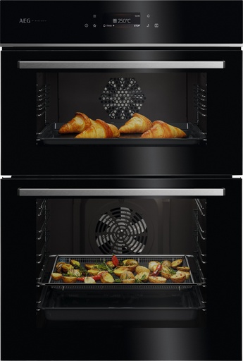 [GE7CP61FB] AEG GE7CP61FB 59.4cm Built In Electric Double Oven - Gloss Black with Steel Trim
